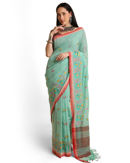 Pure Cotton Handloom Embroidered Saree with Blouse Piece