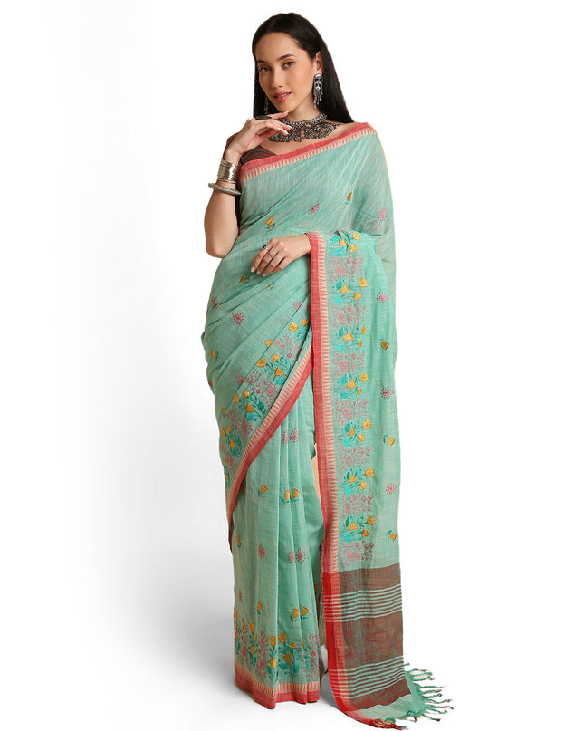 Pure Cotton Handloom Embroidered Saree with Blouse Piece