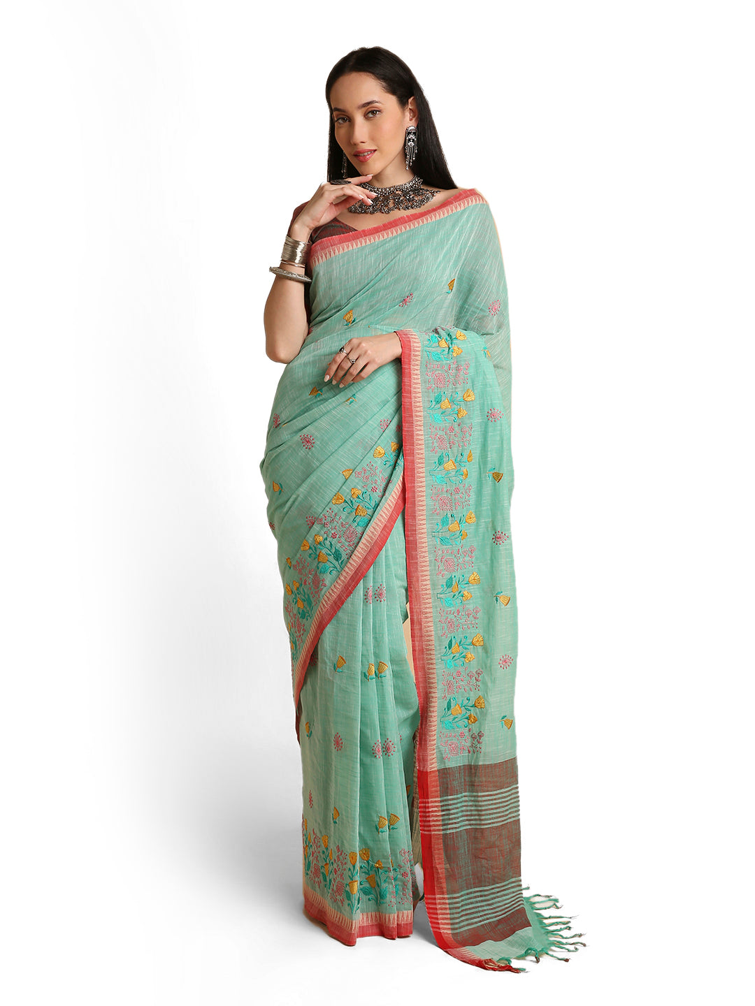 Pure Cotton Handloom Embroidered Saree with Blouse Piece