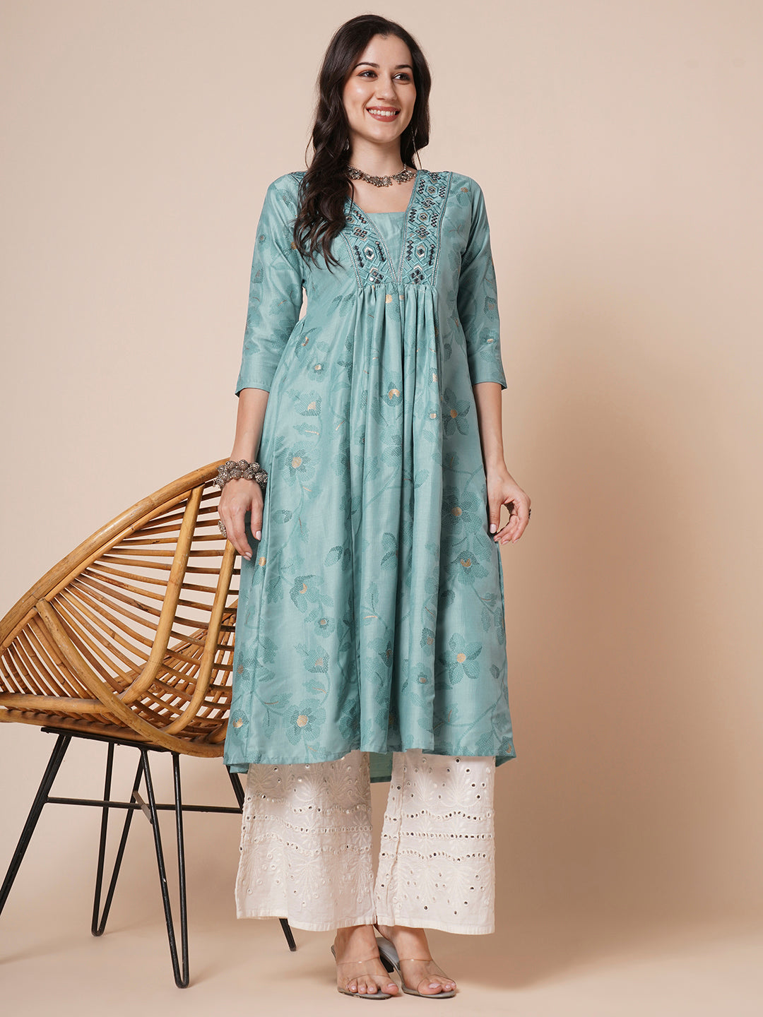 RATAN Women's Gold Printed Viscose Flared Mirrorwork Ethnic Wear Anarkali Kurta