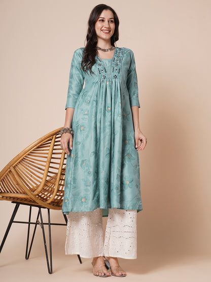 RATAN Women's Gold Printed Viscose Flared Mirrorwork Ethnic Wear Anarkali Kurta