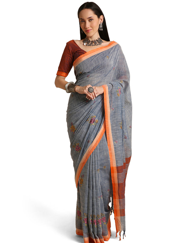 Pure Cotton Handloom Embroidered Saree with Blouse Piece