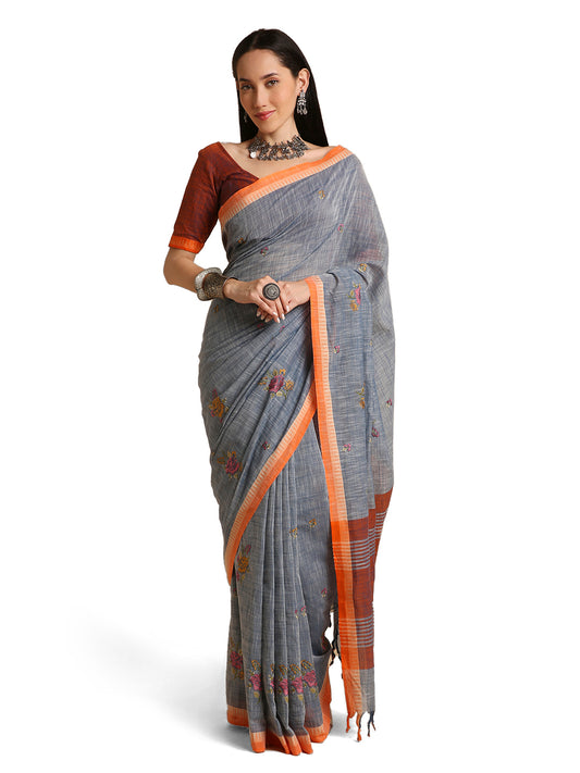 Pure Cotton Handloom Embroidered Saree with Blouse Piece