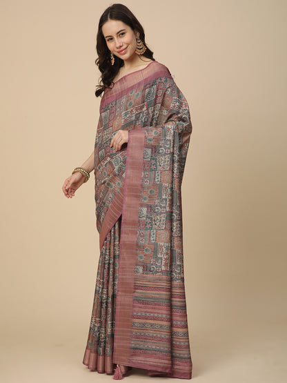 Printed Art Silk Saree with Unstitched Blouse Piece