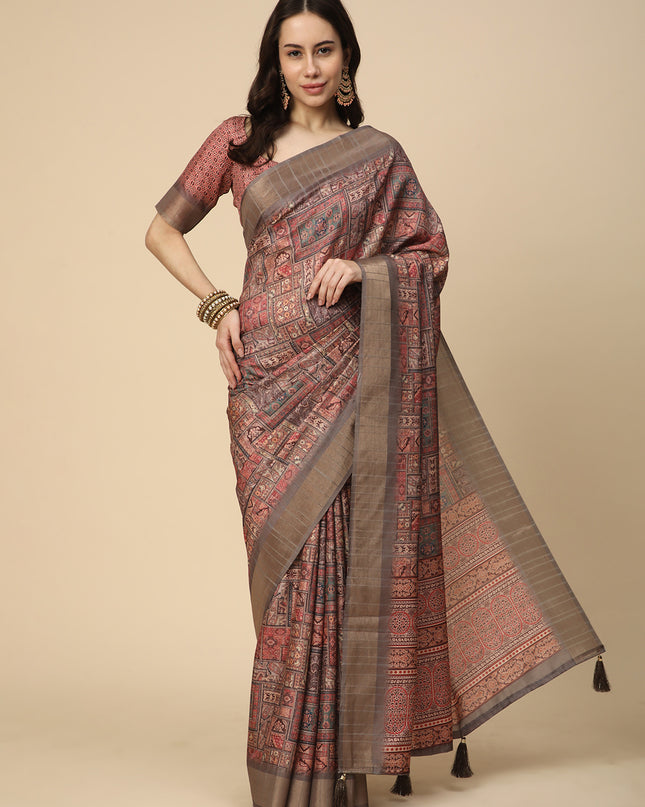 Printed Art Silk Saree with Unstitched Blouse Piece