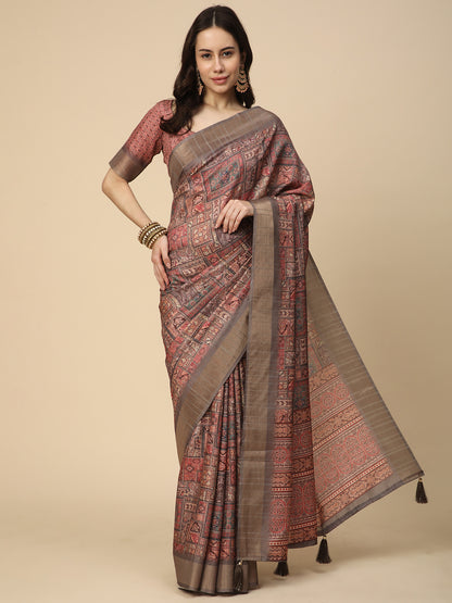 Printed Art Silk Saree with Unstitched Blouse Piece