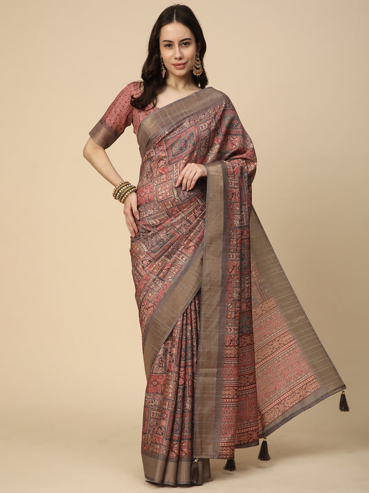 Printed Art Silk Saree with Unstitched Blouse Piece