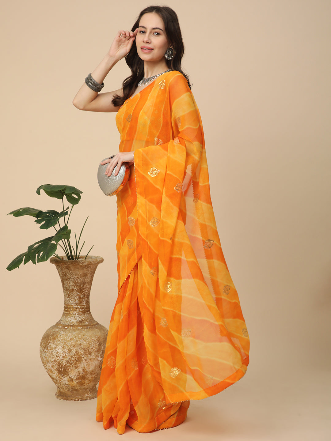 Shimmer Georgette Leheriya Printed Saree with Embroidered Blouse Piece
