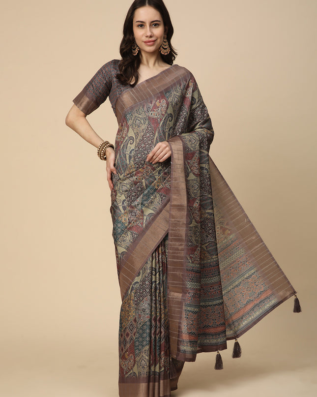Printed Art Silk Saree with Unstitched Blouse Piece