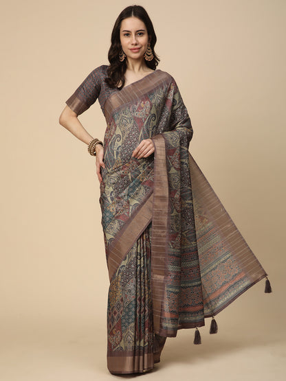 Printed Art Silk Saree with Unstitched Blouse Piece