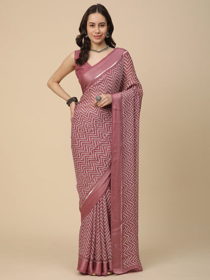 Satin Georgette Printed Saree with Unstitched Blouse Piece