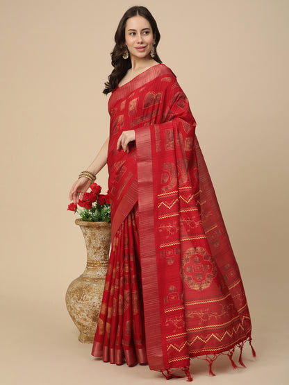 Printed Art Silk Saree with Unstitched Blouse Piece