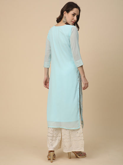 RATAN Women's Georgette Straight Lucknowi Chikankari Ethinic Wear Kurta