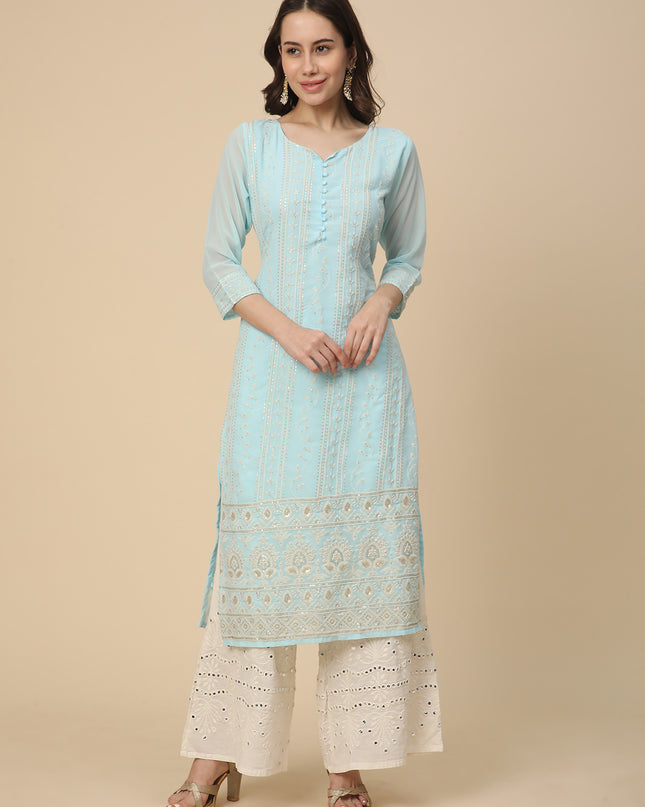Georgette Straight Lucknowi Chikankari Ethinic Wear Kurta