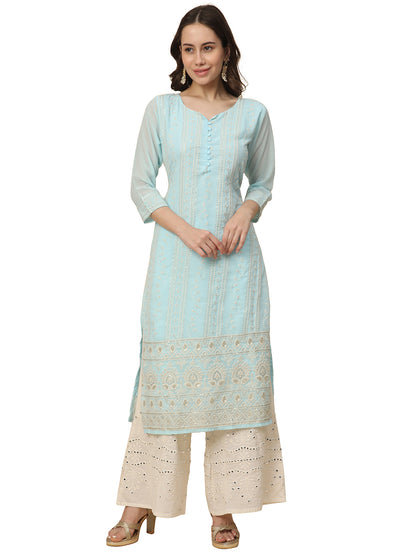 Georgette Straight Lucknowi Chikankari Ethinic Wear Kurta