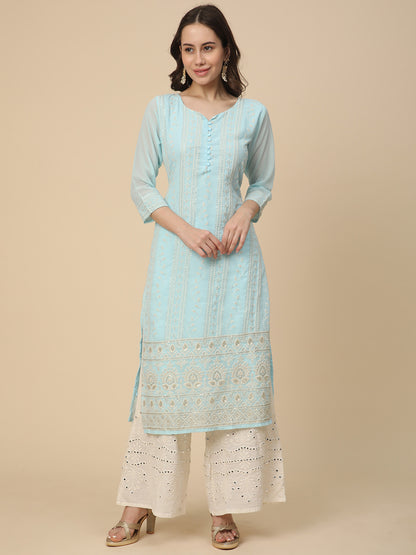 Georgette Straight Lucknowi Chikankari Ethinic Wear Kurta