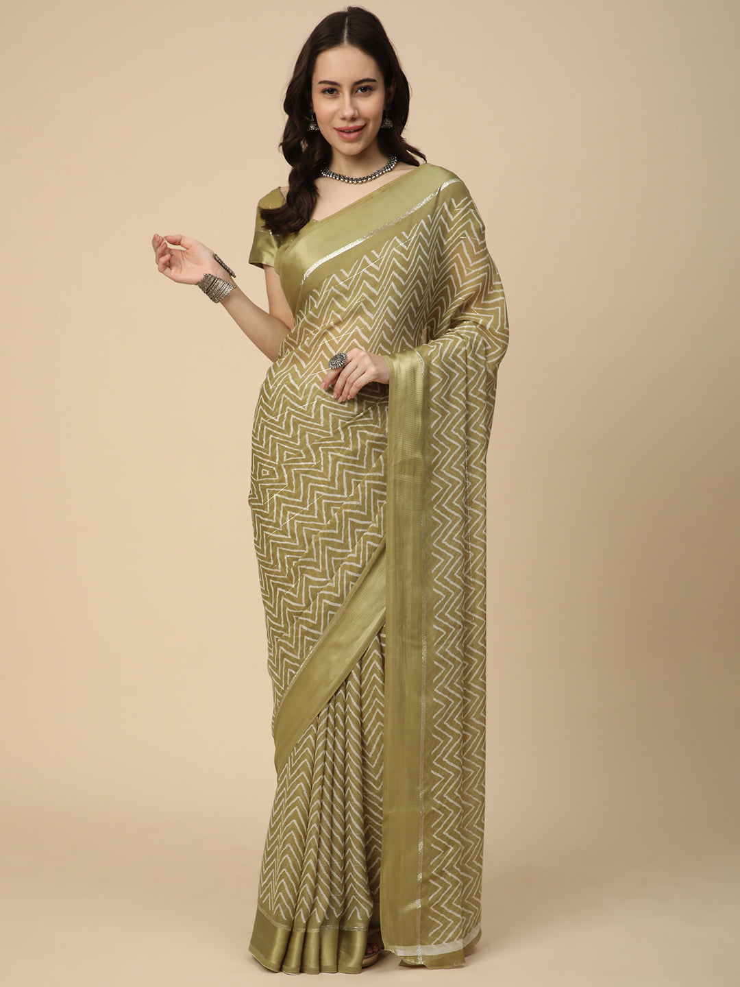 Satin Georgette Printed Saree with Unstitched Blouse Piece