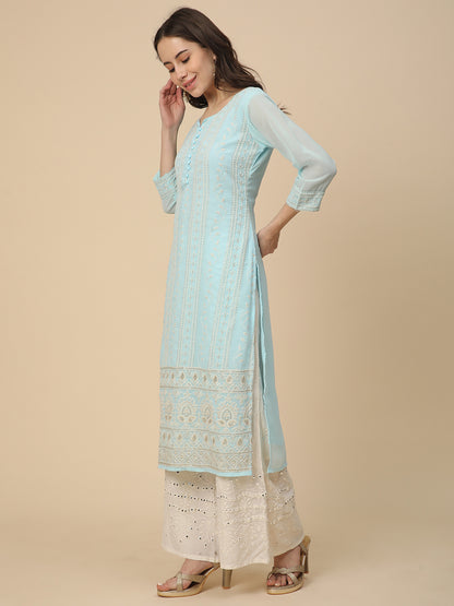 Georgette Straight Lucknowi Chikankari Ethinic Wear Kurta
