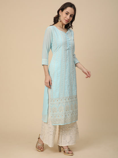 RATAN Women's Georgette Straight Lucknowi Chikankari Ethinic Wear Kurta