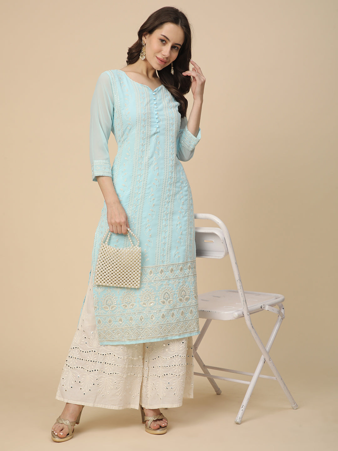 Georgette Straight Lucknowi Chikankari Ethinic Wear Kurta