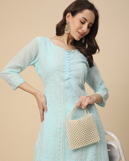 Georgette Straight Lucknowi Chikankari Ethinic Wear Kurta