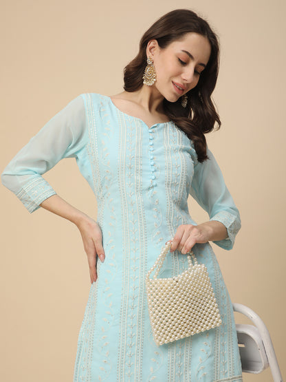 Georgette Straight Lucknowi Chikankari Ethinic Wear Kurta
