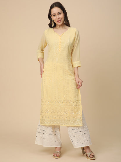 RATAN Women's Georgette Straight Lucknowi Chikankari Ethinic Wear Kurta