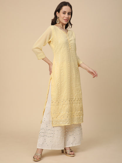 Georgette Straight Lucknowi Chikankari Ethinic Wear Kurta