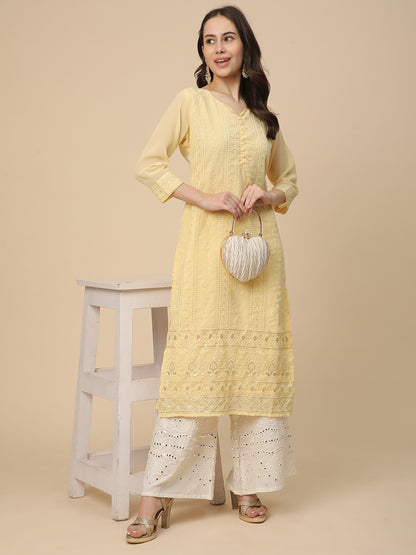 Georgette Straight Lucknowi Chikankari Ethinic Wear Kurta