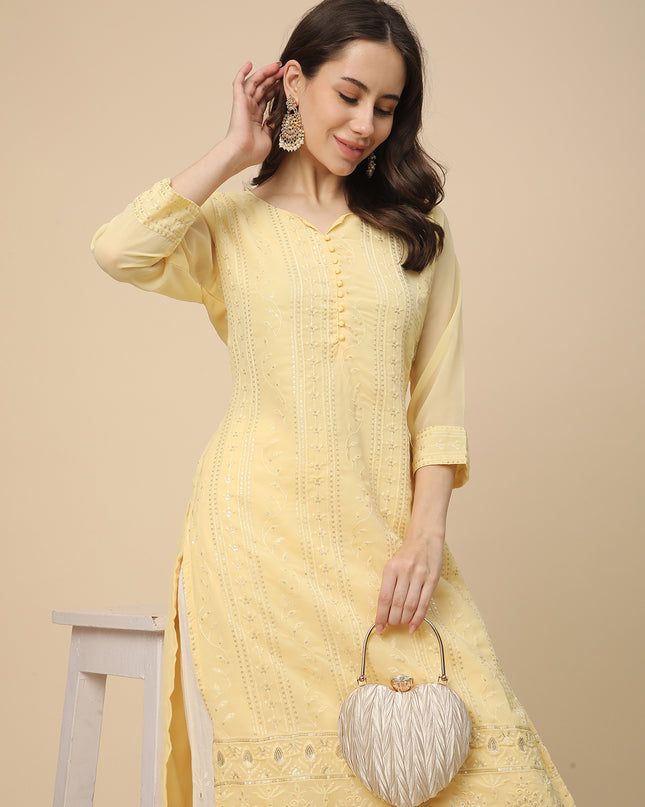Georgette Straight Lucknowi Chikankari Ethinic Wear Kurta