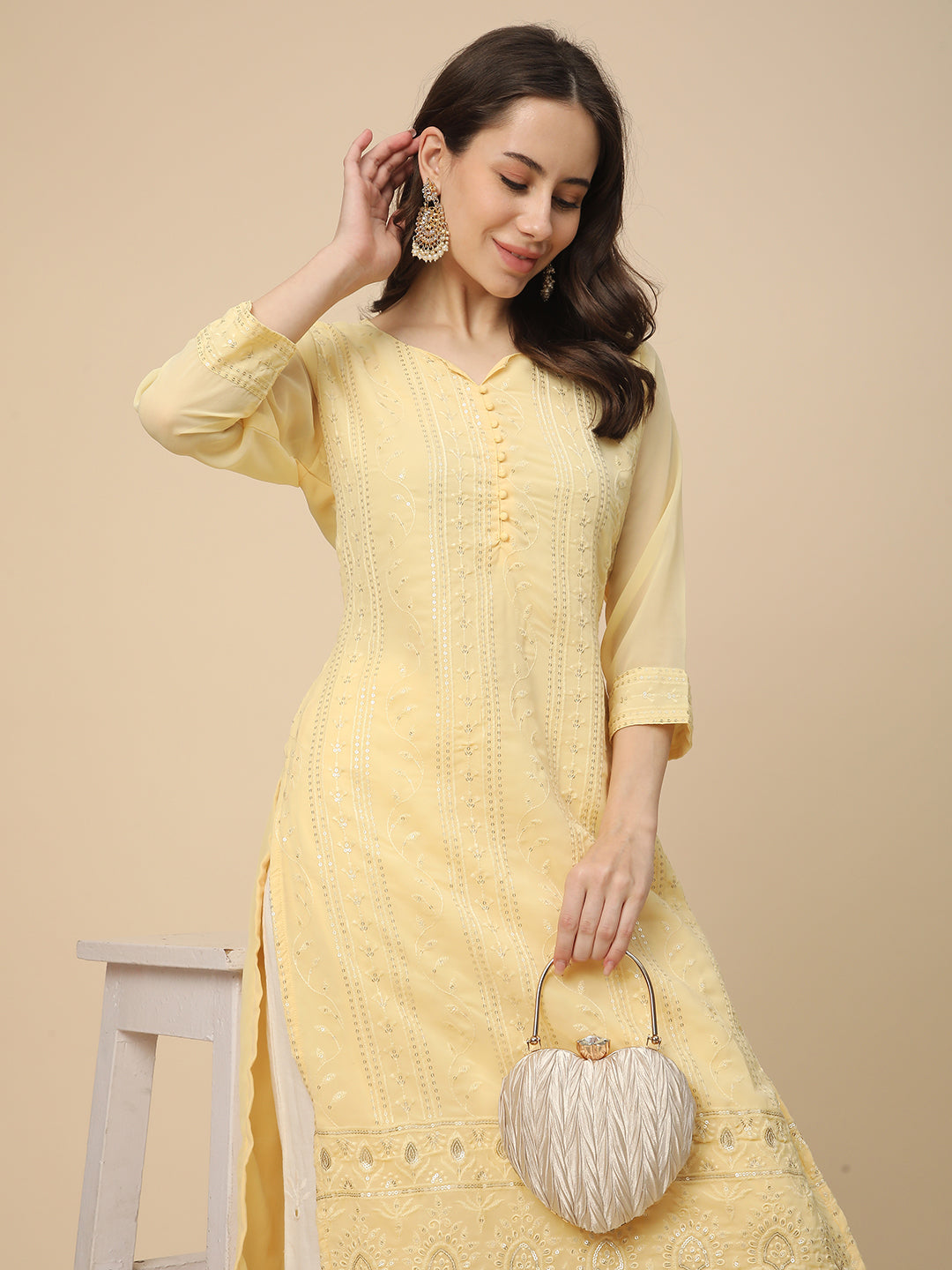 RATAN Women's Georgette Straight Lucknowi Chikankari Ethinic Wear Kurta
