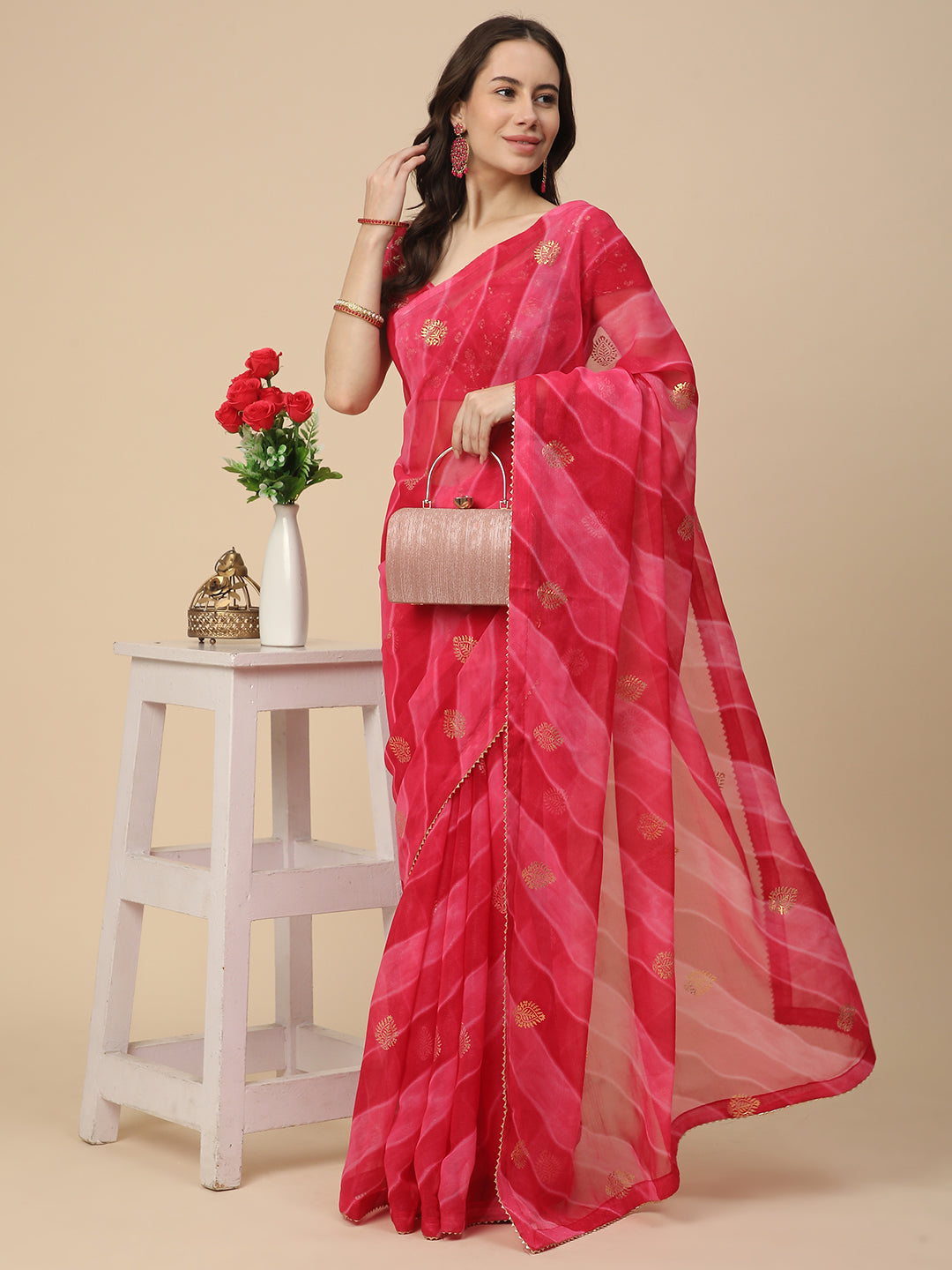 Shimmer Georgette Leheriya Printed Saree with Embroidered Blouse Piece