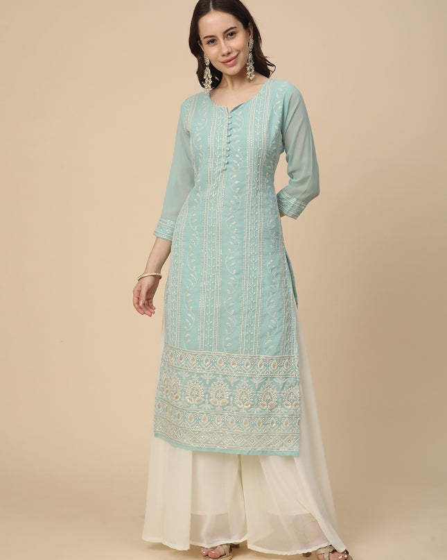 Georgette Straight Lucknowi Chikankari Ethinic Wear Kurta