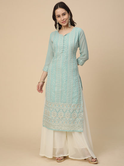 Georgette Straight Lucknowi Chikankari Ethinic Wear Kurta
