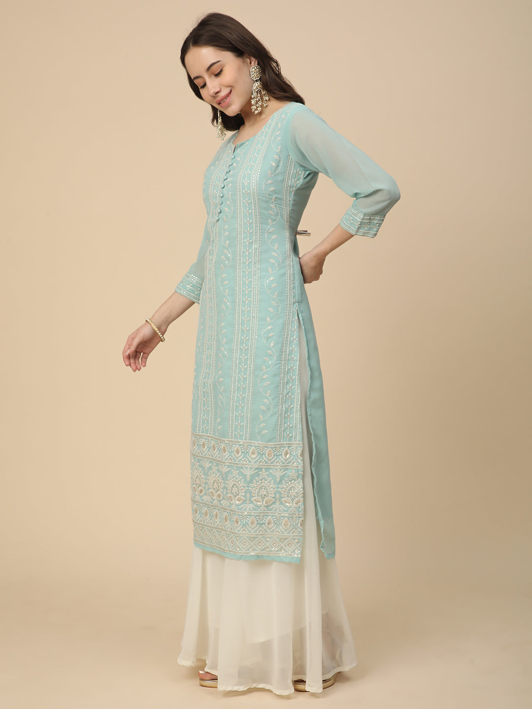 Georgette Straight Lucknowi Chikankari Ethinic Wear Kurta