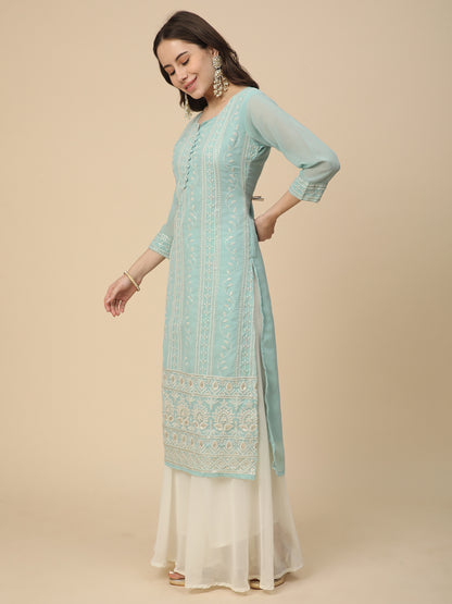 Georgette Straight Lucknowi Chikankari Ethinic Wear Kurta