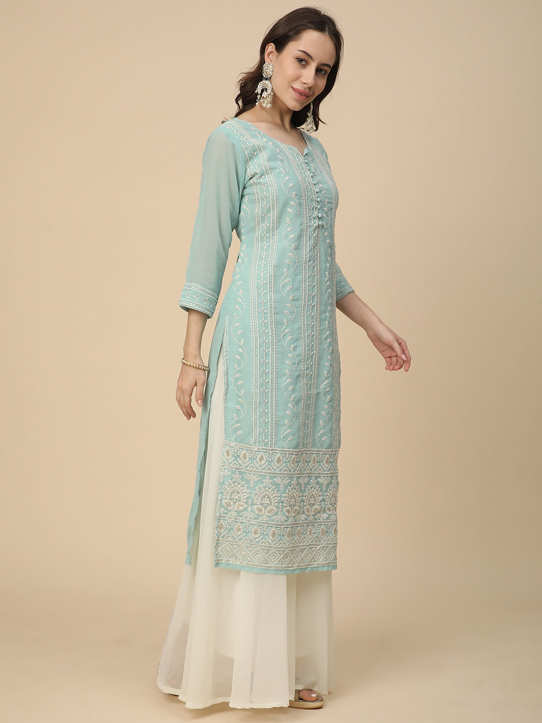 Georgette Straight Lucknowi Chikankari Ethinic Wear Kurta