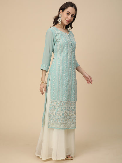 Georgette Straight Lucknowi Chikankari Ethinic Wear Kurta