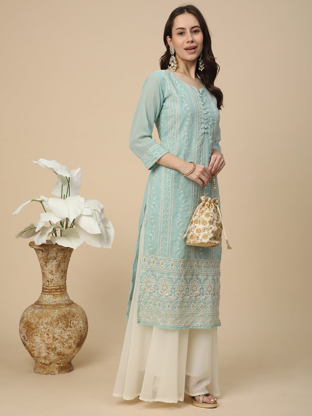 Georgette Straight Lucknowi Chikankari Ethinic Wear Kurta