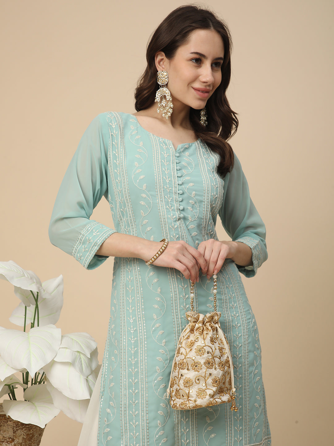 Georgette Straight Lucknowi Chikankari Ethinic Wear Kurta