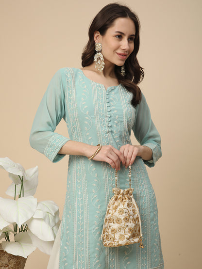 Georgette Straight Lucknowi Chikankari Ethinic Wear Kurta