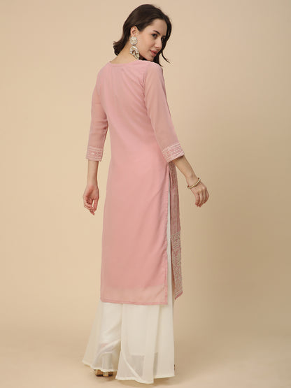RATAN Women's Georgette Straight Lucknowi Chikankari Ethinic Wear Kurta