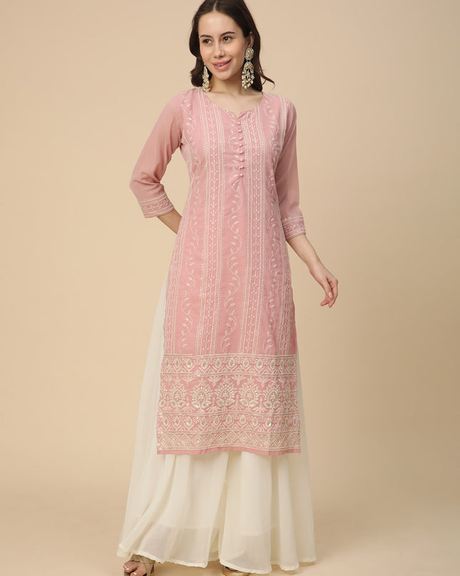 Georgette Straight Lucknowi Chikankari Ethinic Wear Kurta