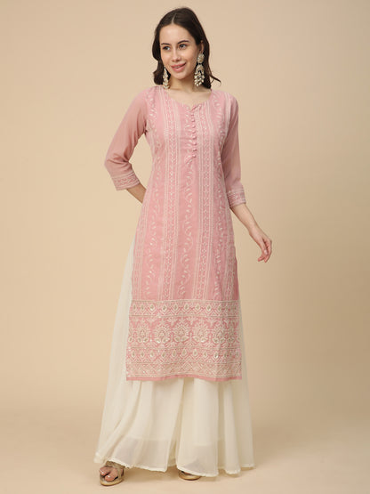 RATAN Women's Georgette Straight Lucknowi Chikankari Ethinic Wear Kurta