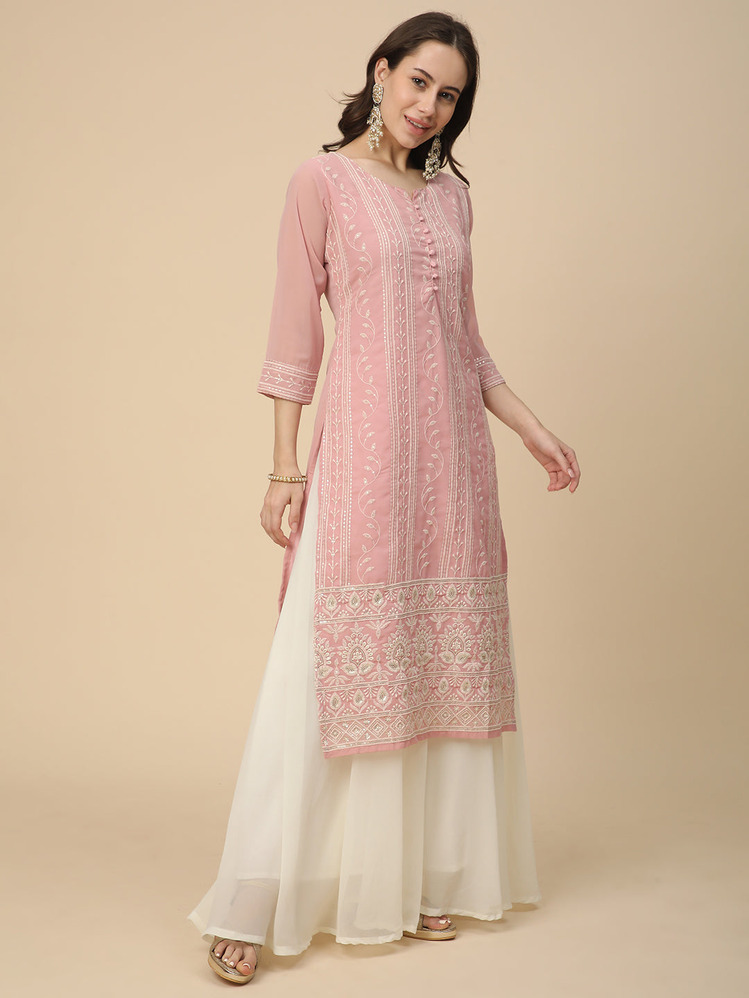 Georgette Straight Lucknowi Chikankari Ethinic Wear Kurta