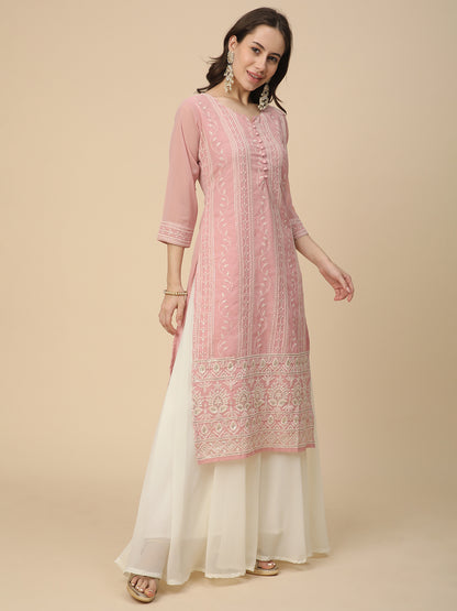 RATAN Women's Georgette Straight Lucknowi Chikankari Ethinic Wear Kurta
