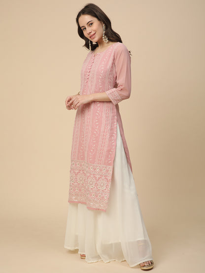 RATAN Women's Georgette Straight Lucknowi Chikankari Ethinic Wear Kurta