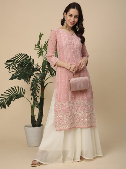 RATAN Women's Georgette Straight Lucknowi Chikankari Ethinic Wear Kurta