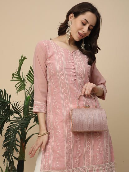 RATAN Women's Georgette Straight Lucknowi Chikankari Ethinic Wear Kurta