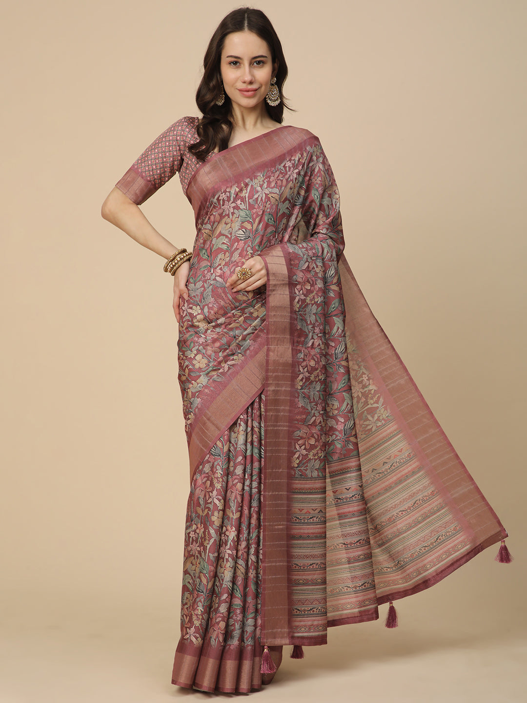 Printed Art Silk Saree with Unstitched Blouse Piece